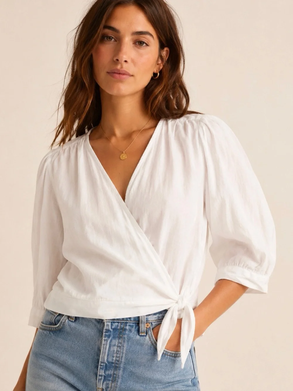 Madewell White V-Neck Wrap Blouse